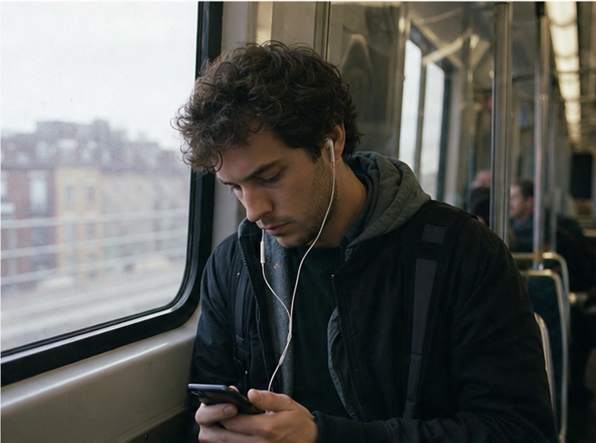 Man listening to headphones on a subway train