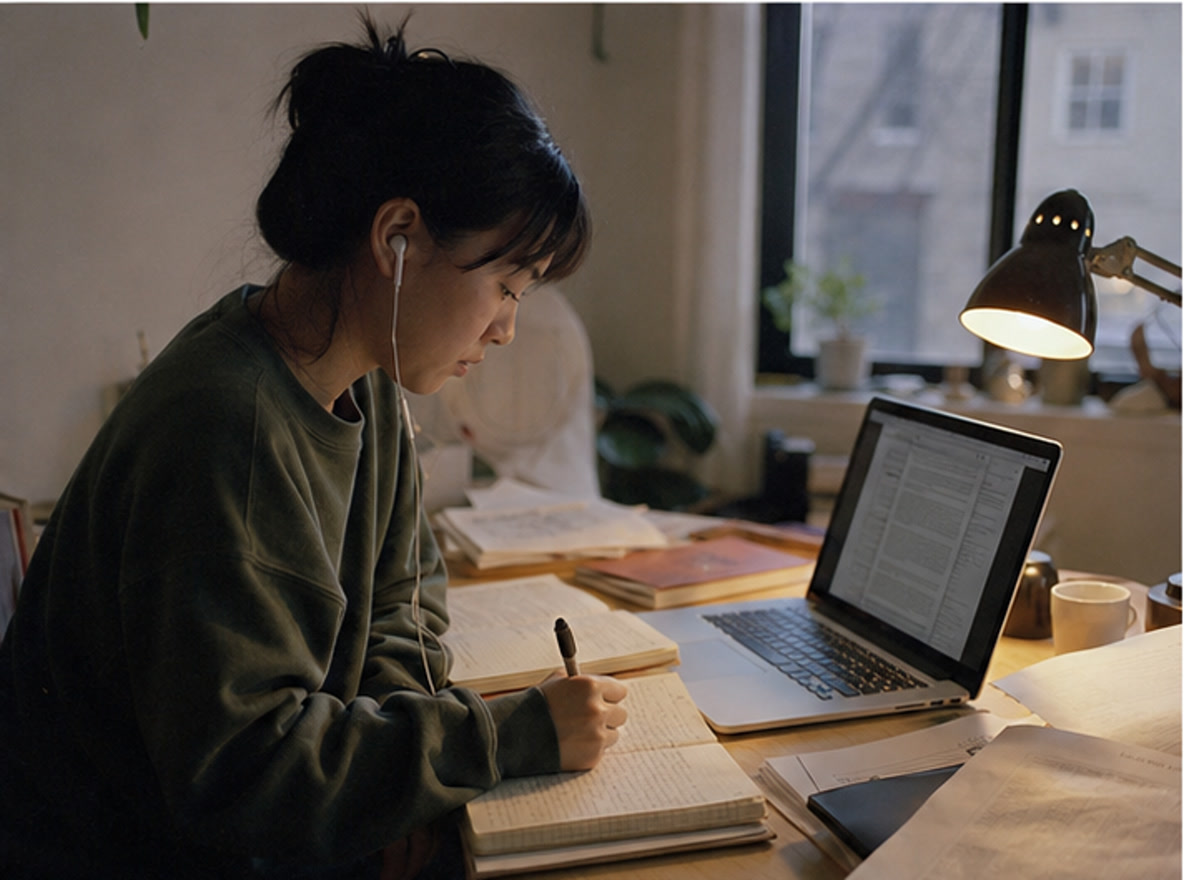 Woman studying with a book at a desk