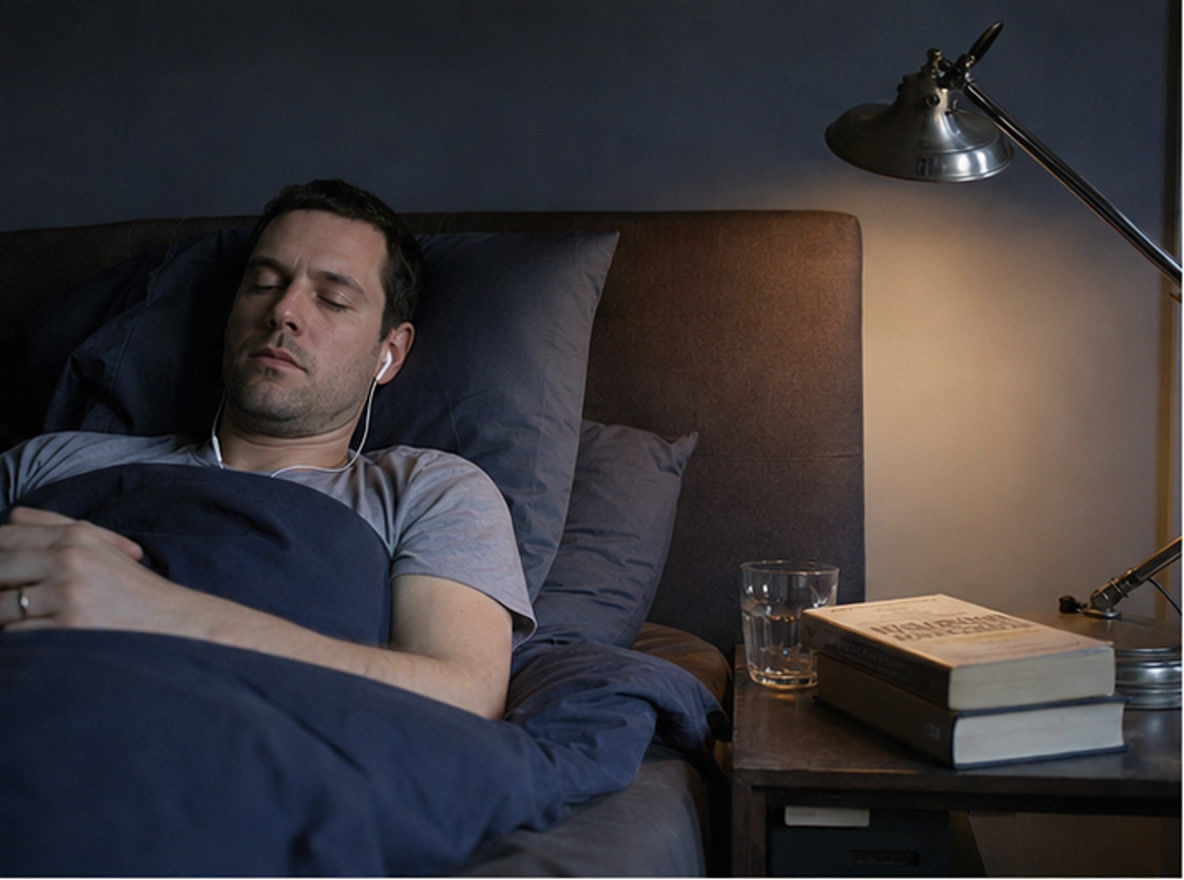 Man listening to his phone in bed at night
