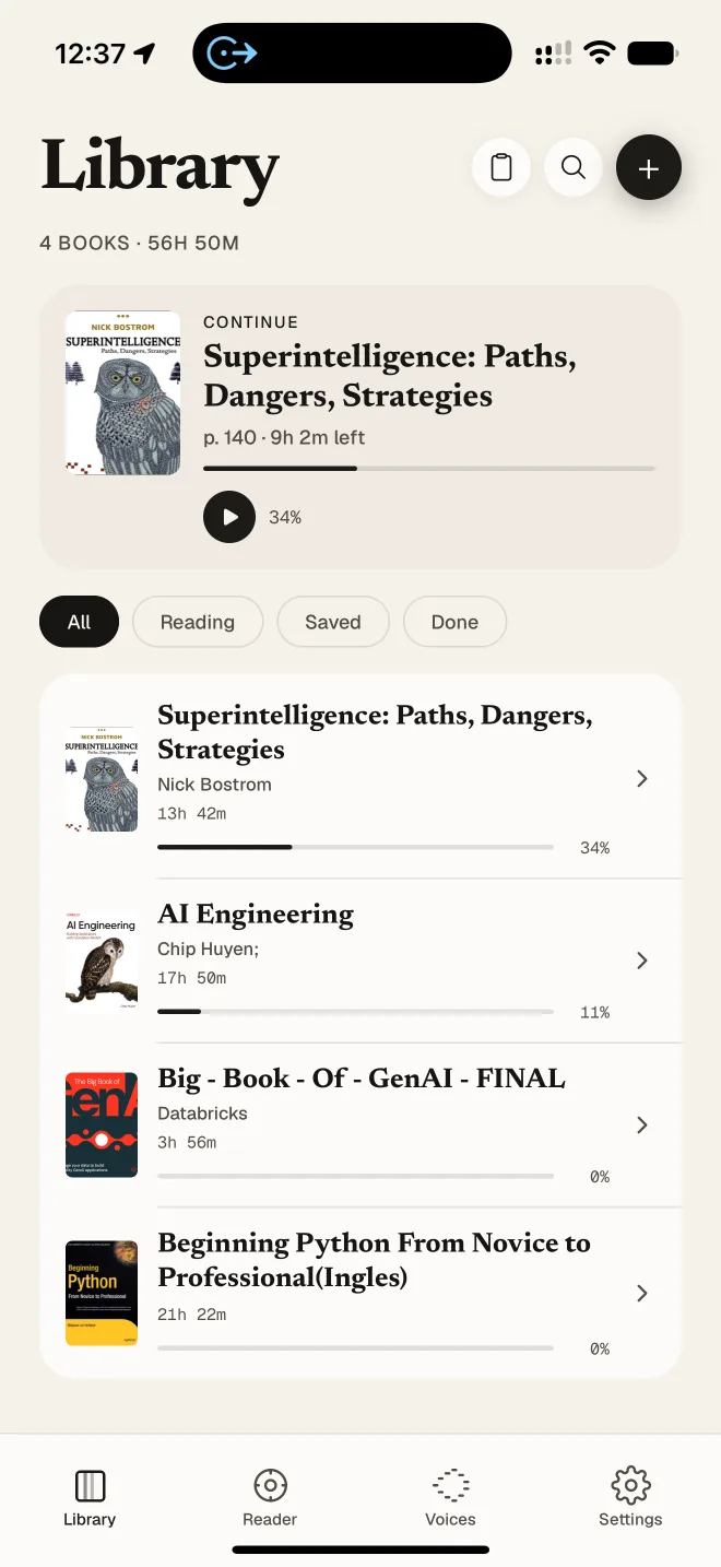 The ReadCast library listing four imported books with reading progress