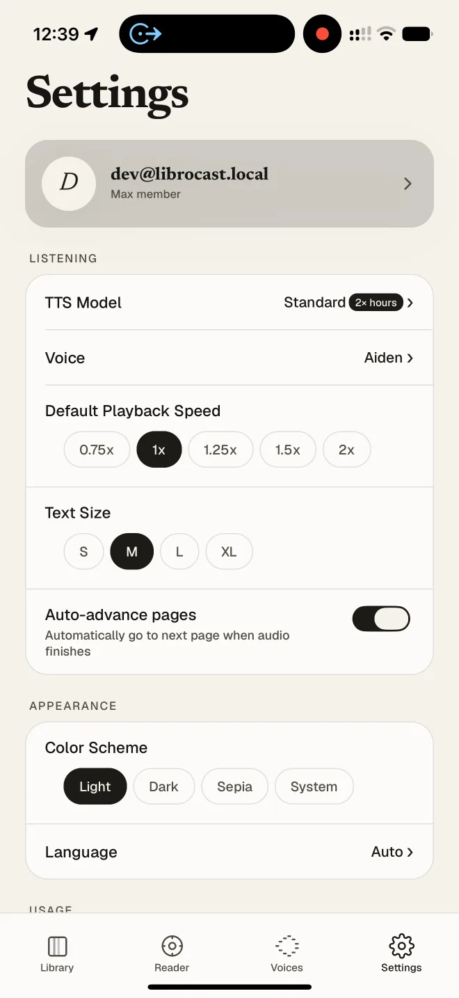 ReadCast settings showing narration model, playback speed, text size, and colour scheme