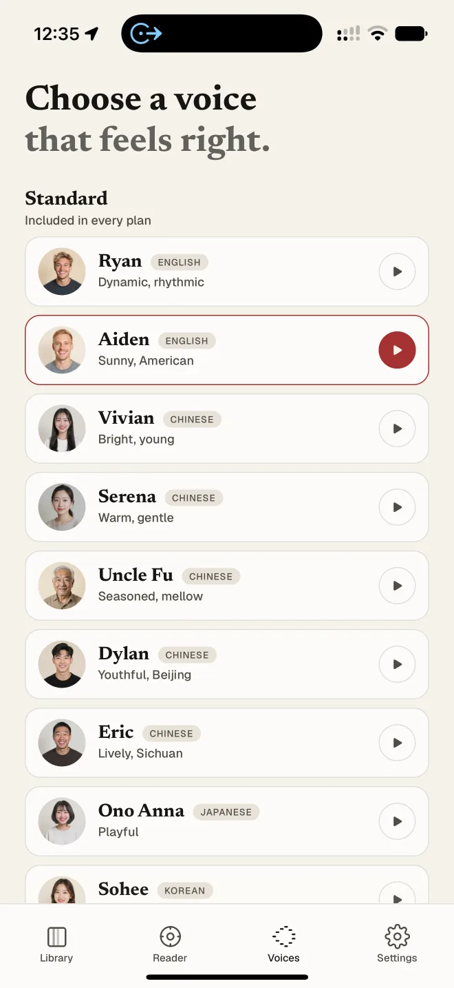 The ReadCast voice picker listing narration voices across several languages