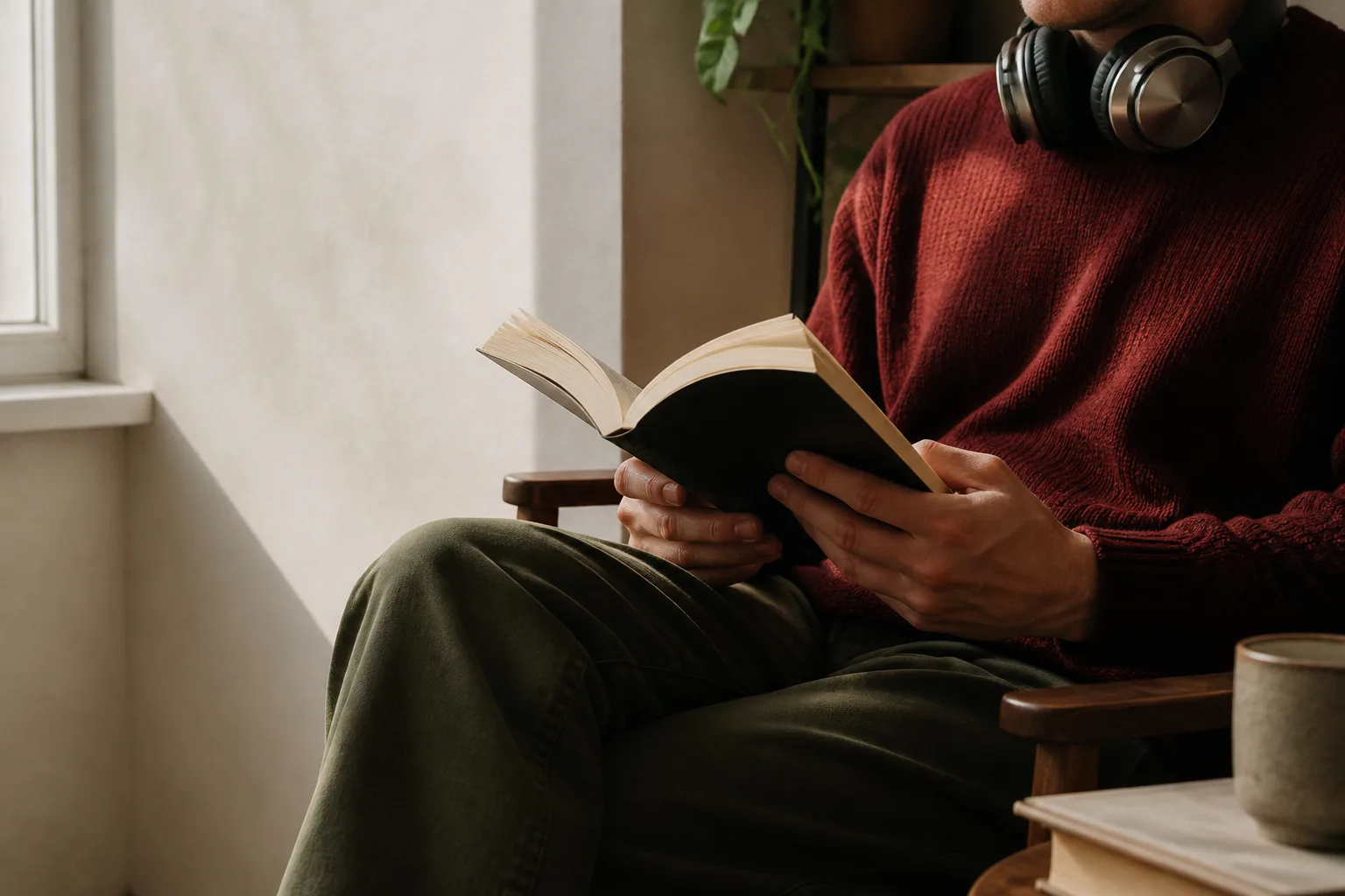 A reader wearing headphones and holding an open book beside a window